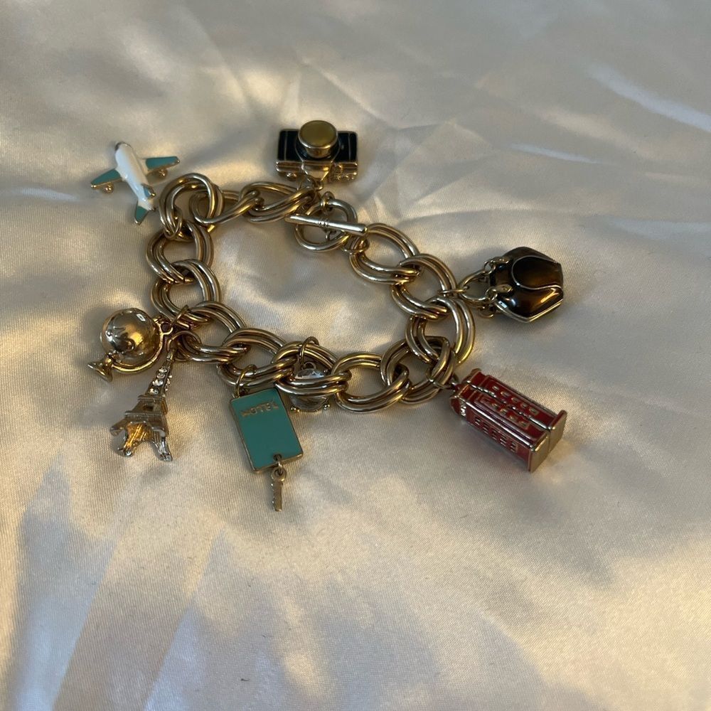 Gold Tone Travel Charm Bracelet with Multicolor Enamel Charms